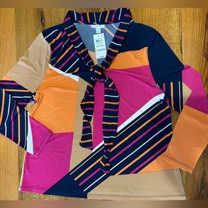Charter Club Stretch Top,  Fun Colors & Print, Tie at Neck Line, NWT, Sz XLP